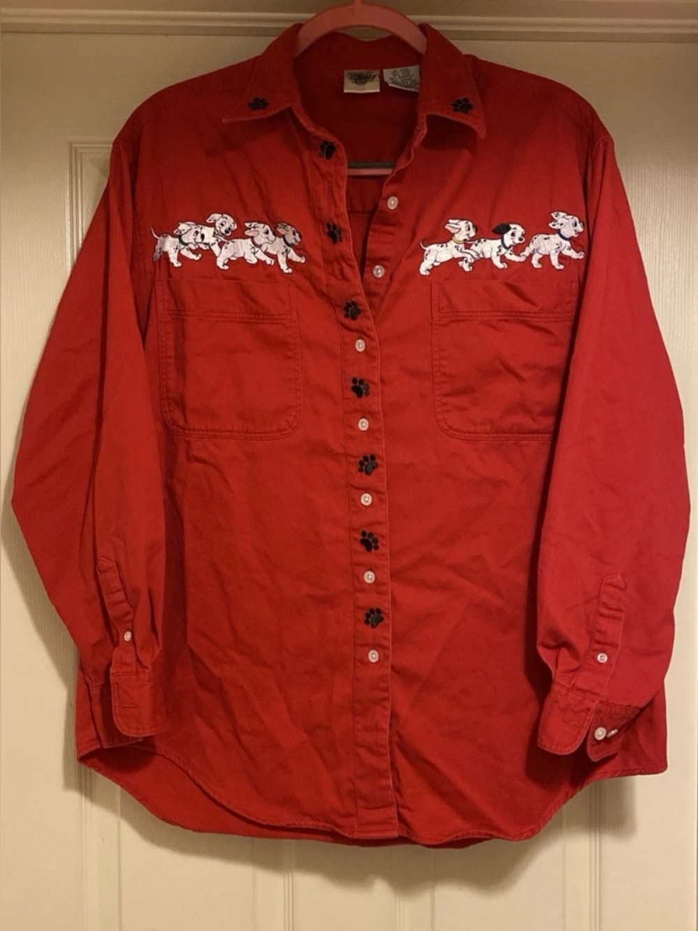 The Disney Catalog Vtg 101 Dalmatians Red Cotton Embroidered Button-up Top Sz L